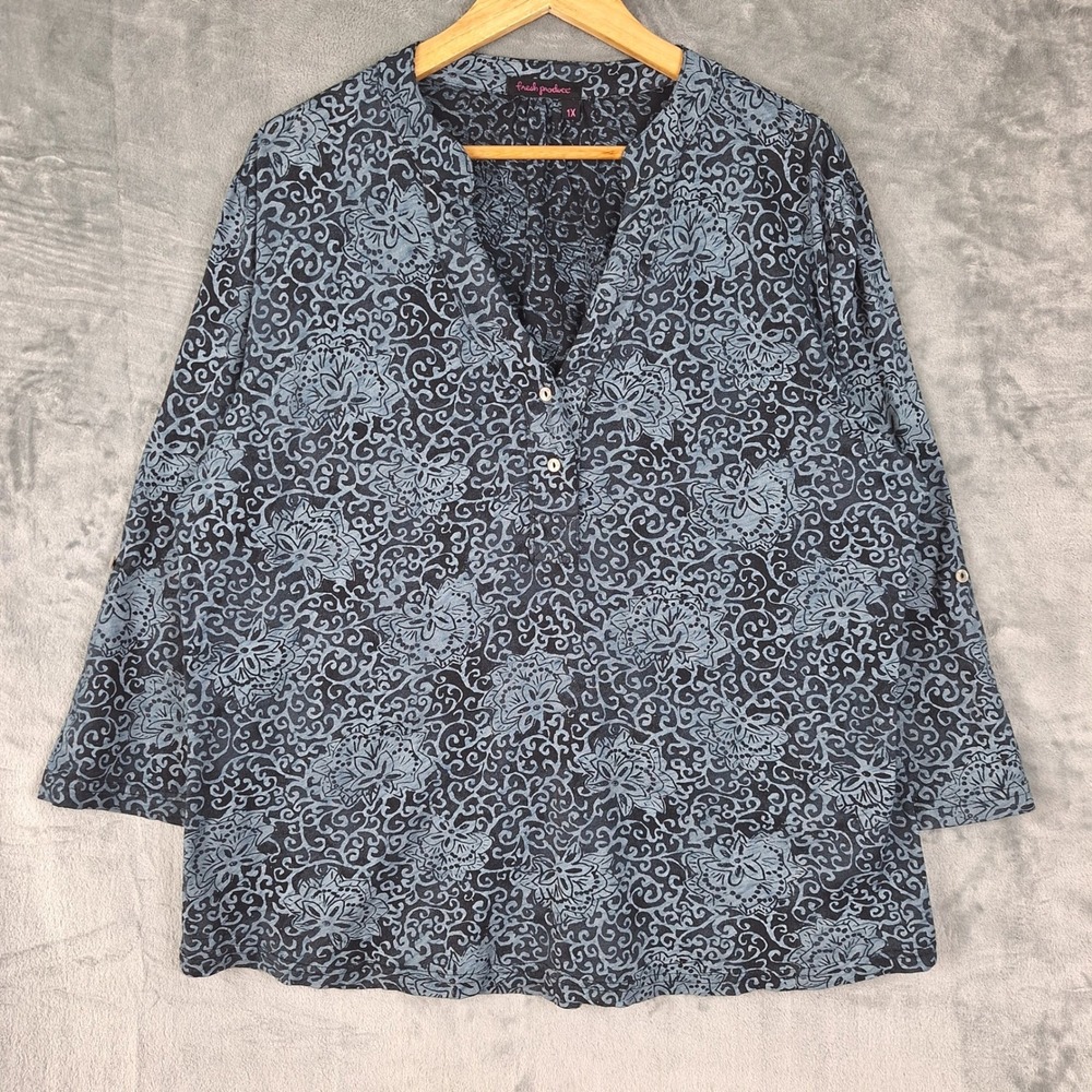 Fresh Produce Top 1X Gray Henley Floral Boho Beach Coastal Boxy Casual‎ Cotton